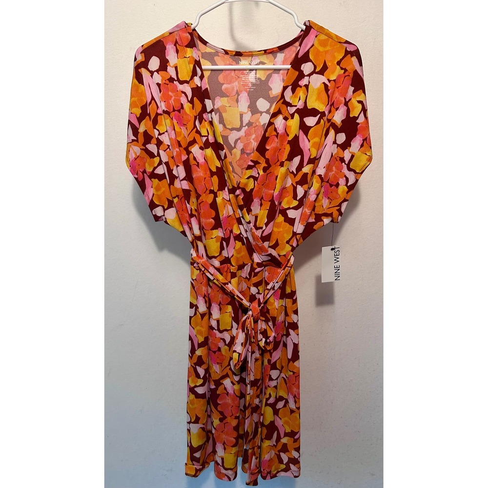 Nine West Womens XXL Faux Wrap Dress Floral Burgundy Pink Orange‎ WW23Y018RP NWT
